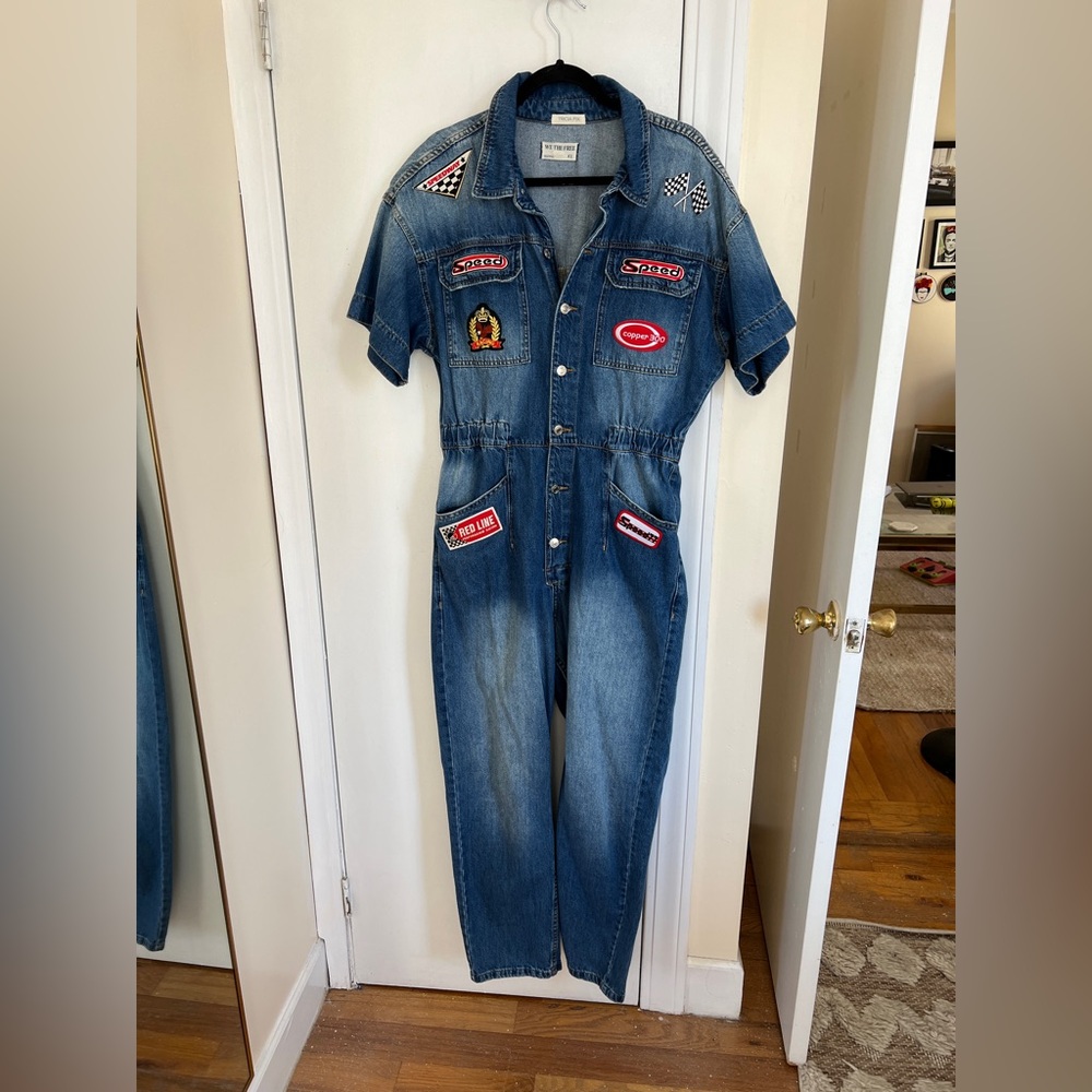 Free People Blue Denim Jumpsuit with Patches